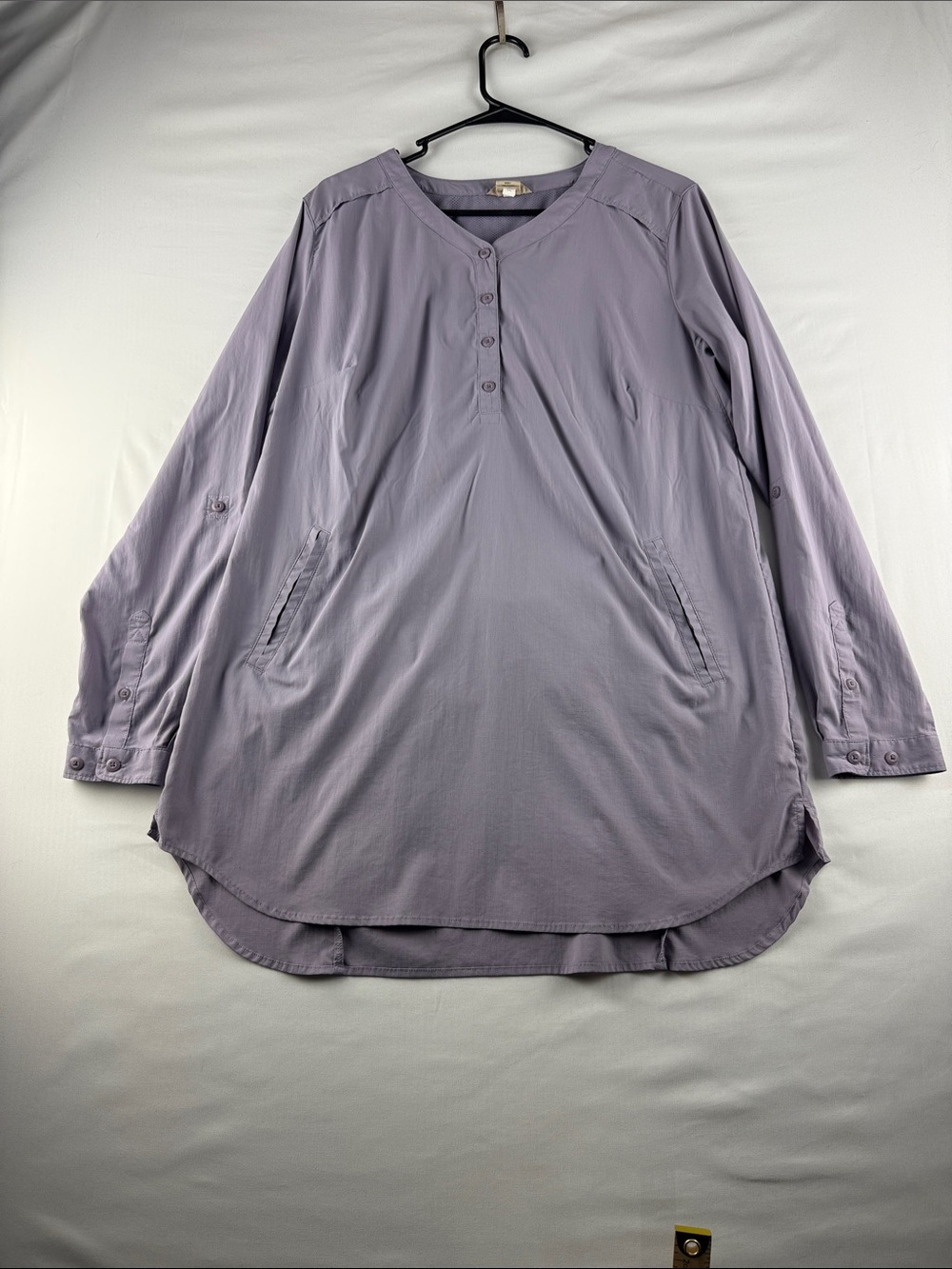 Duluth Trading Lavender Tunic Top Roll Tab Sleeves Button Front Women's Large